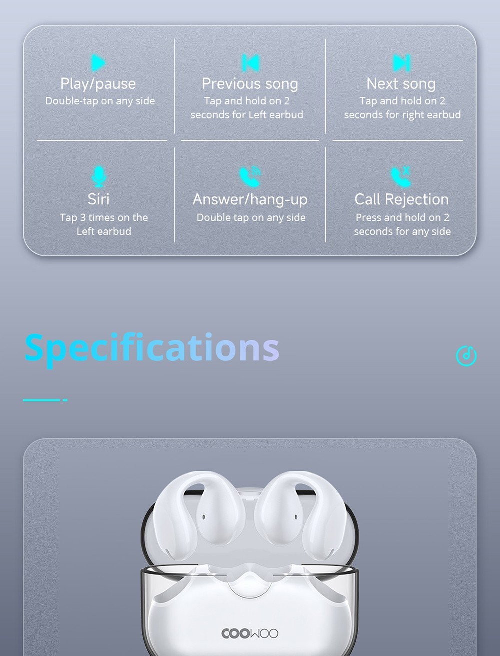 Coowoo Air Pro 6 Bluetooth Clip-on Open Ear Headphones White