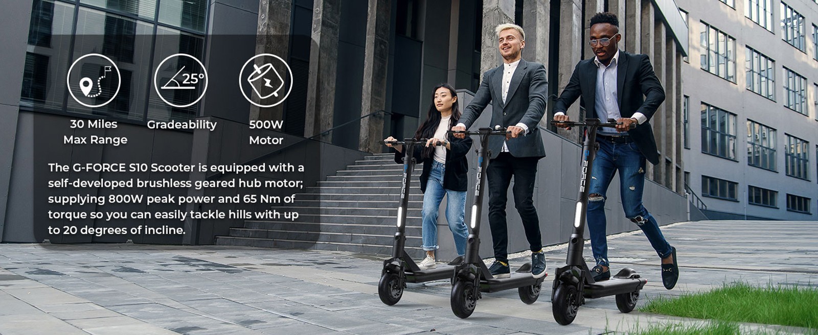 G-FORCE S10 Electric Scooter 500W Brushless Gear Hub Motor 33km/h Max Speed 48V 12Ah Lithium Battery 48km Range