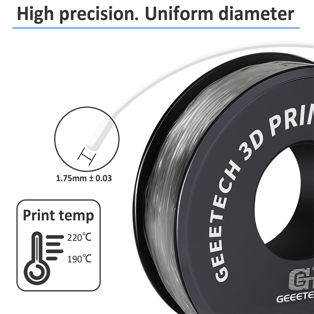 Geeetech TPU vlákno pre 3D tlačiareň, 1,75 mm rozmerová presnosť +/- 0,03 mm 1kg špirála (2.2 lbs) - Transparent