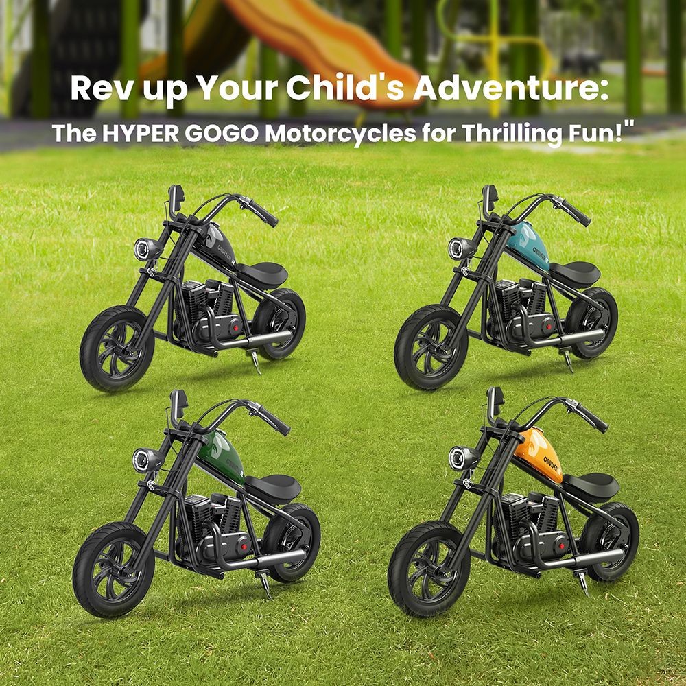 HYPER GOGO Pioneer 12 Plus Electric Chopper Motorcycle for Kids, 21.9V  5.2Ah 160W, 12'x3' Tires, 12KM - Black 