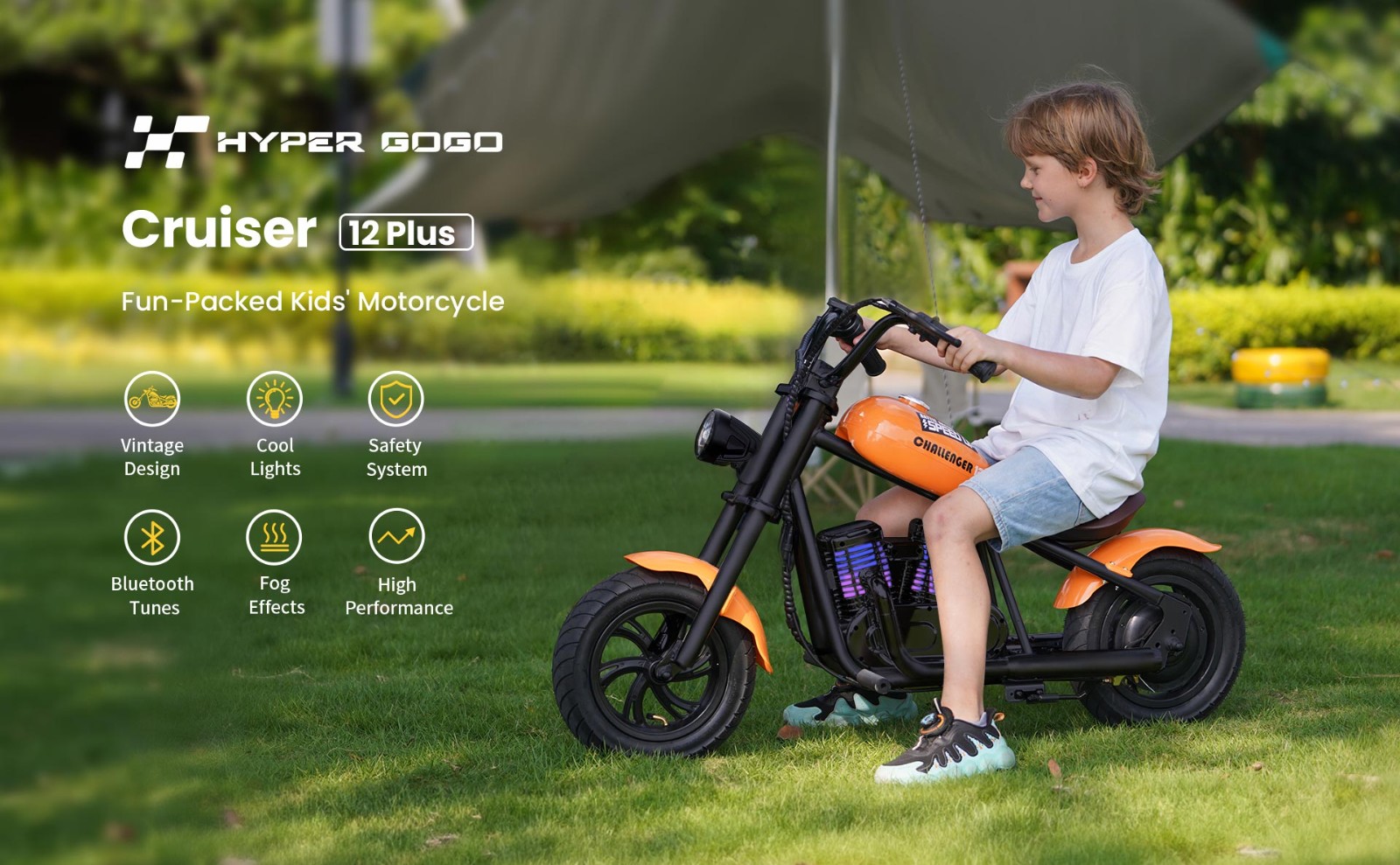 HYPER GOGO Elektrická motorka pre deti 12'' Pneumatiky s Bluetooth reproduktorom Simulovaný displej s hmlou EU Plug - oranžová