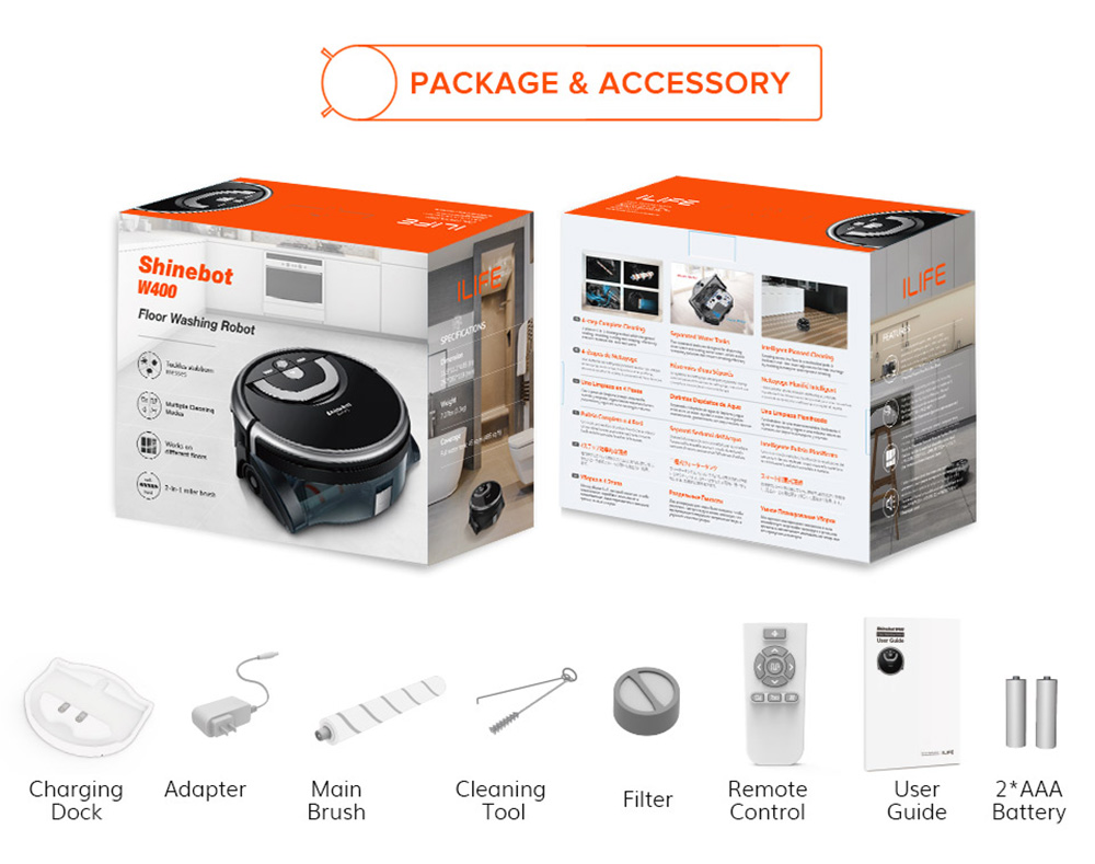 Refurbished ILIFE W400 Floor Washing Robot 1000Pa Suction 900ml Water Tank Gyroscopic Planning 4 Cleaning Mode Obstacle Avoidance Voice Broadcast - Black