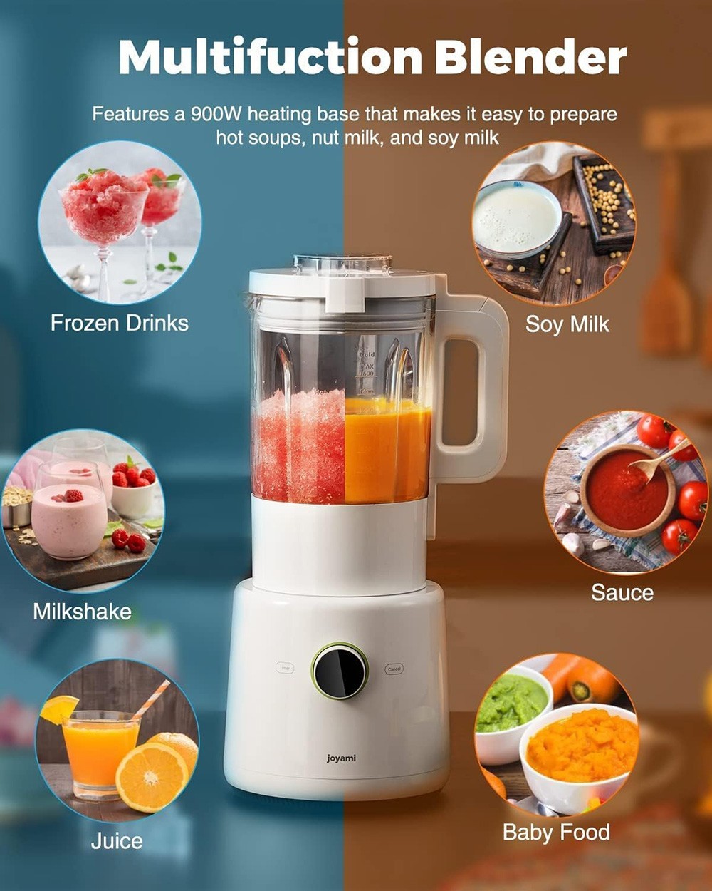 JOYAMI JDD01M Multifunctional Countertop Blender, 1.6L Capacity, 9 Speed, Hot & Cold Functions, Self-Cleaning Smart Stand Mixer, App Control, BPA-Free - White