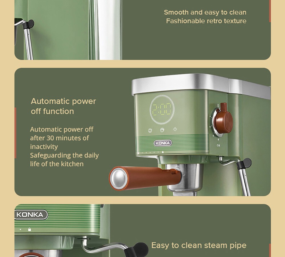 KONKA KCF-CS3 Espresso Coffee Machine, 20Bar Pressure, 1.2L Water Tank, Steam Milk Froth, Touch Control, Compatible with Coffee Powder and Capsule, EU Plug - Green