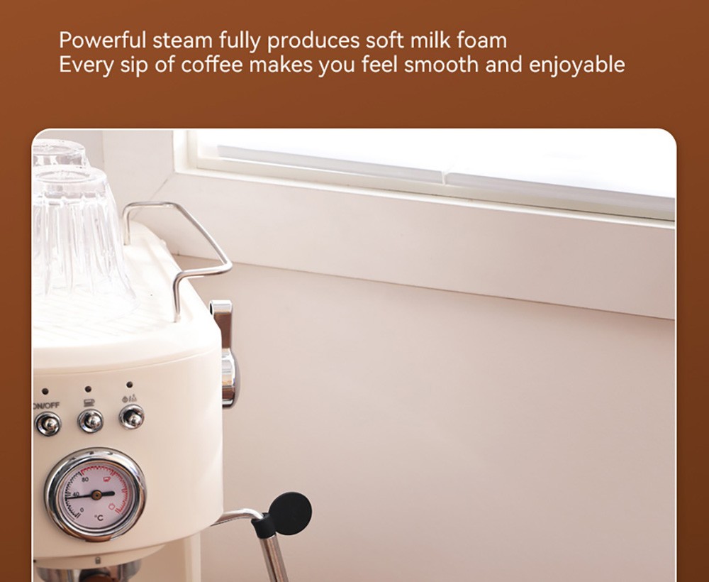 KONKA KKFJ-1203Y Espresso Coffee Machine, 20Bar Pressure, 1.2L Water Tank, Steam Milk Froth, with Temperature Dial, EU Plug - White