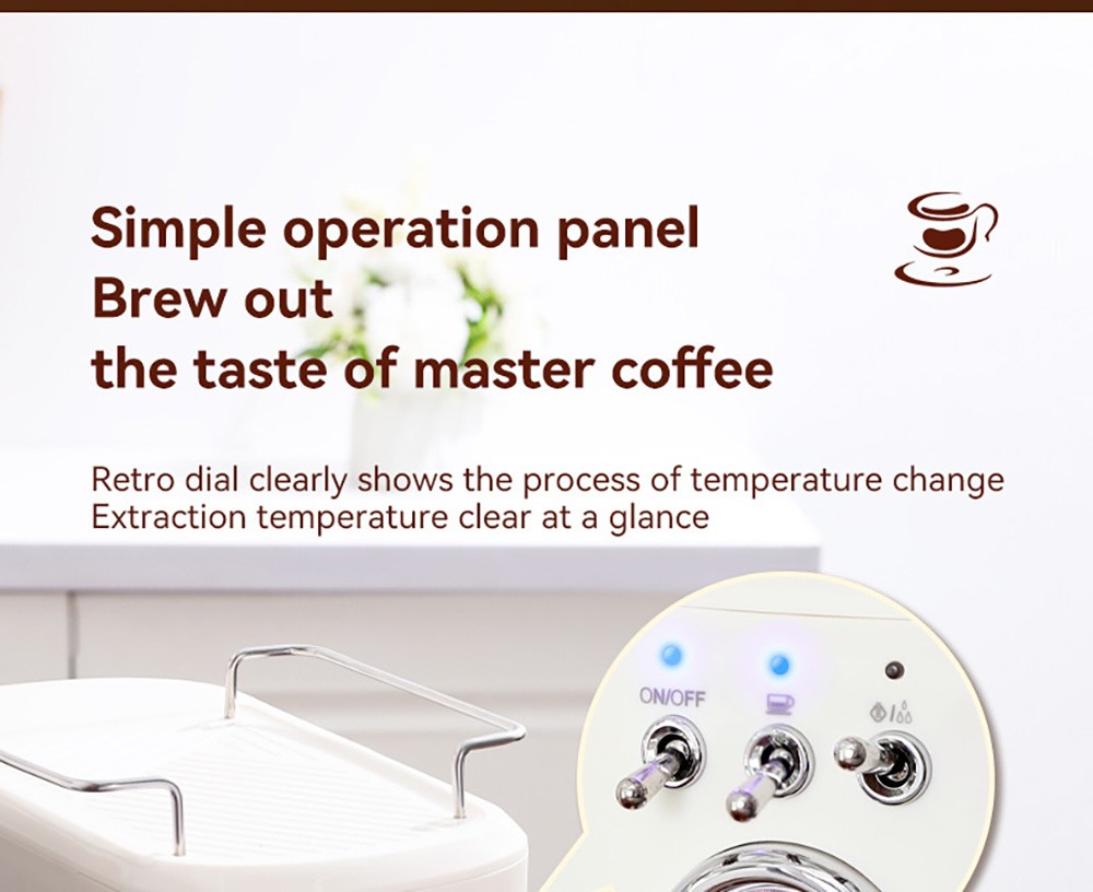 KONKA KKFJ-1203Y Espresso Coffee Machine, 20Bar Pressure, 1.2L Water Tank, Steam Milk Froth, with Temperature Dial, EU Plug - White