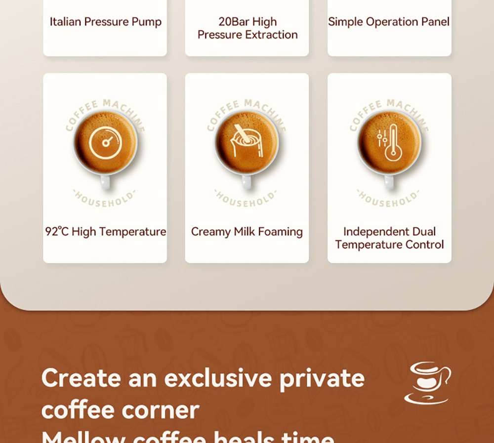 KONKA KKFJ-1203Y Espresso Coffee Machine, 20Bar Pressure, 1.2L Water Tank, Steam Milk Froth, with Temperature Dial, EU Plug - White