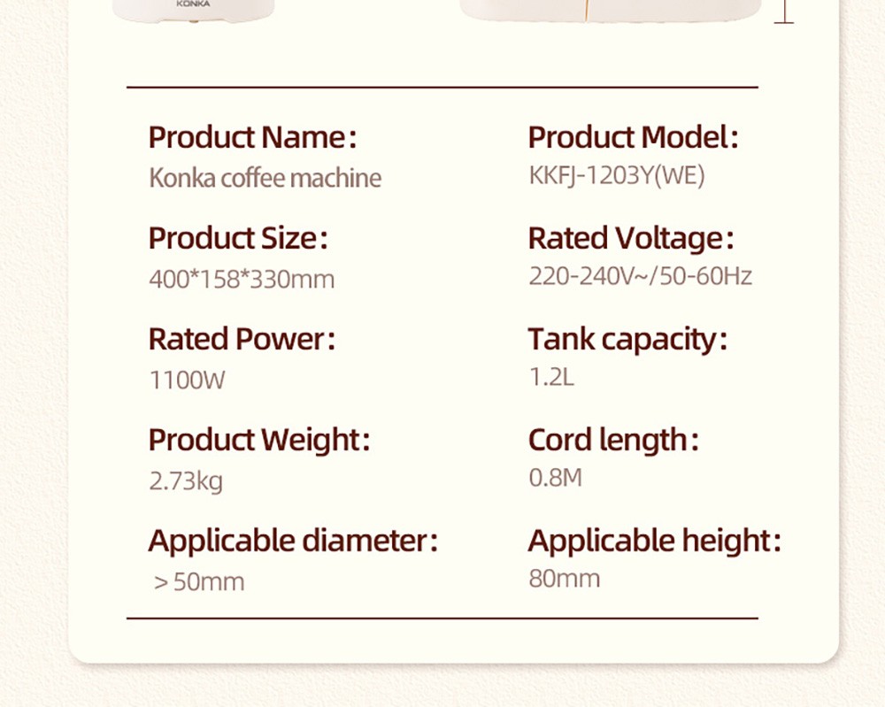 KONKA KKFJ-1203Y Espresso Coffee Machine, 20Bar Pressure, 1.2L Water Tank, Steam Milk Froth, with Temperature Dial, EU Plug - White