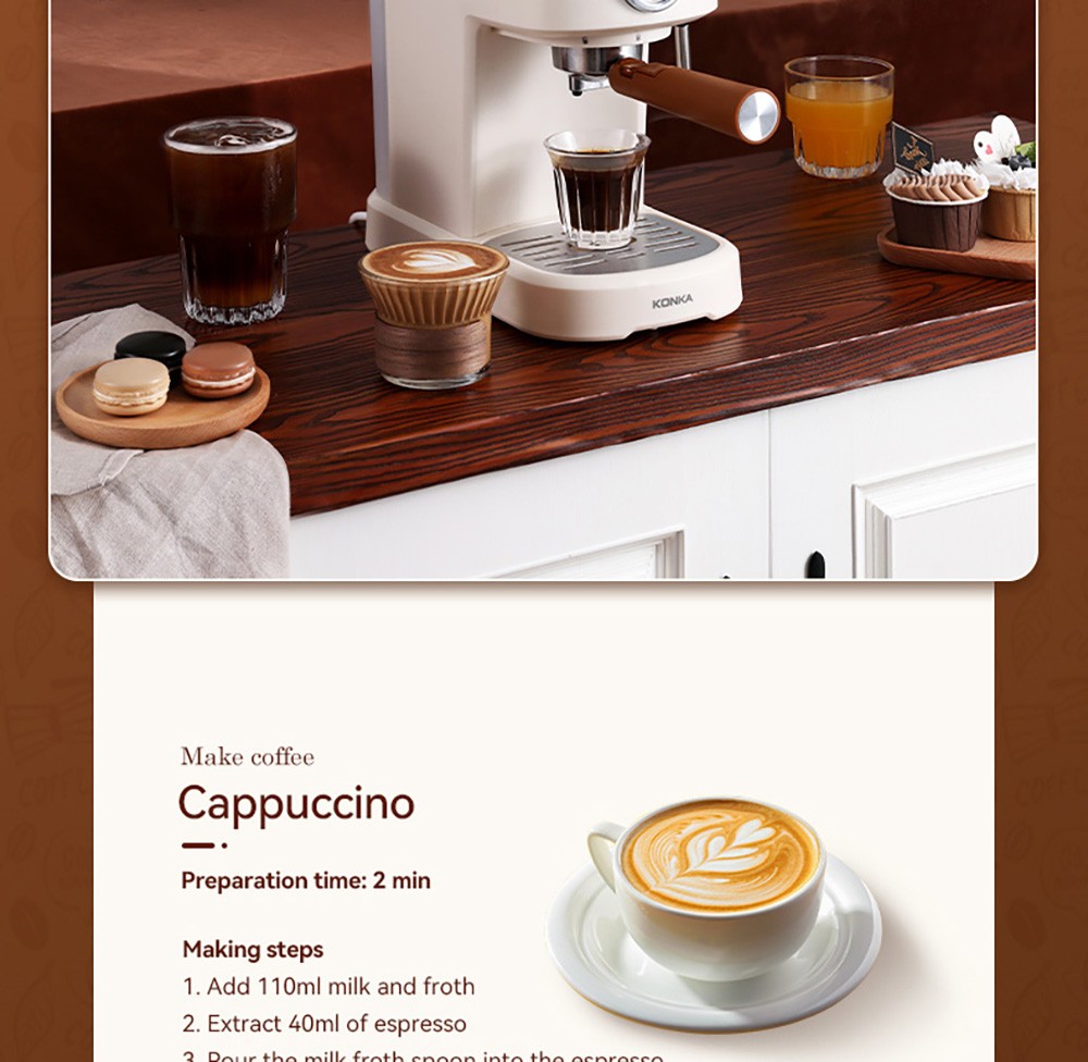 KONKA KKFJ-1203Y Espresso Coffee Machine, 20Bar Pressure, 1.2L Water Tank, Steam Milk Froth, with Temperature Dial, EU Plug - White