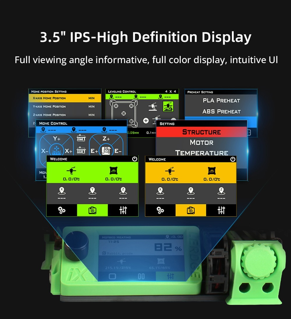 3D tlačiareň Lerdge iX verzia RTP, predmontáž, presnosť tlače 0,1 mm, rýchlosť tlače 200 mm/s, flexibilná fólia PEI, 3,5-palcový dotykový displej IPS, tichý ovládač TMC2226, obnovenie tlače, celokovový extrudér, 180*180*180 mm, V3.0 Version - Green