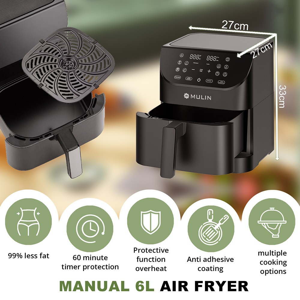 MU RA620D 1500W Air Fryer, 6L Capacity, 60 Mins Timer, 10 Preset Menus, Non-Sticky Coating