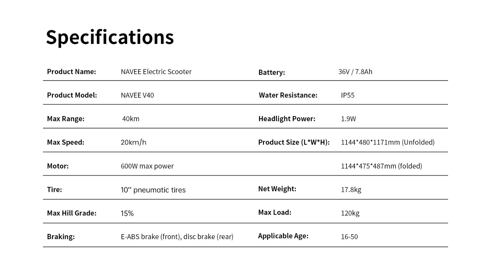 NAVEE V40 Electric Scooter Foldable 600W Max Power 40km Max Range