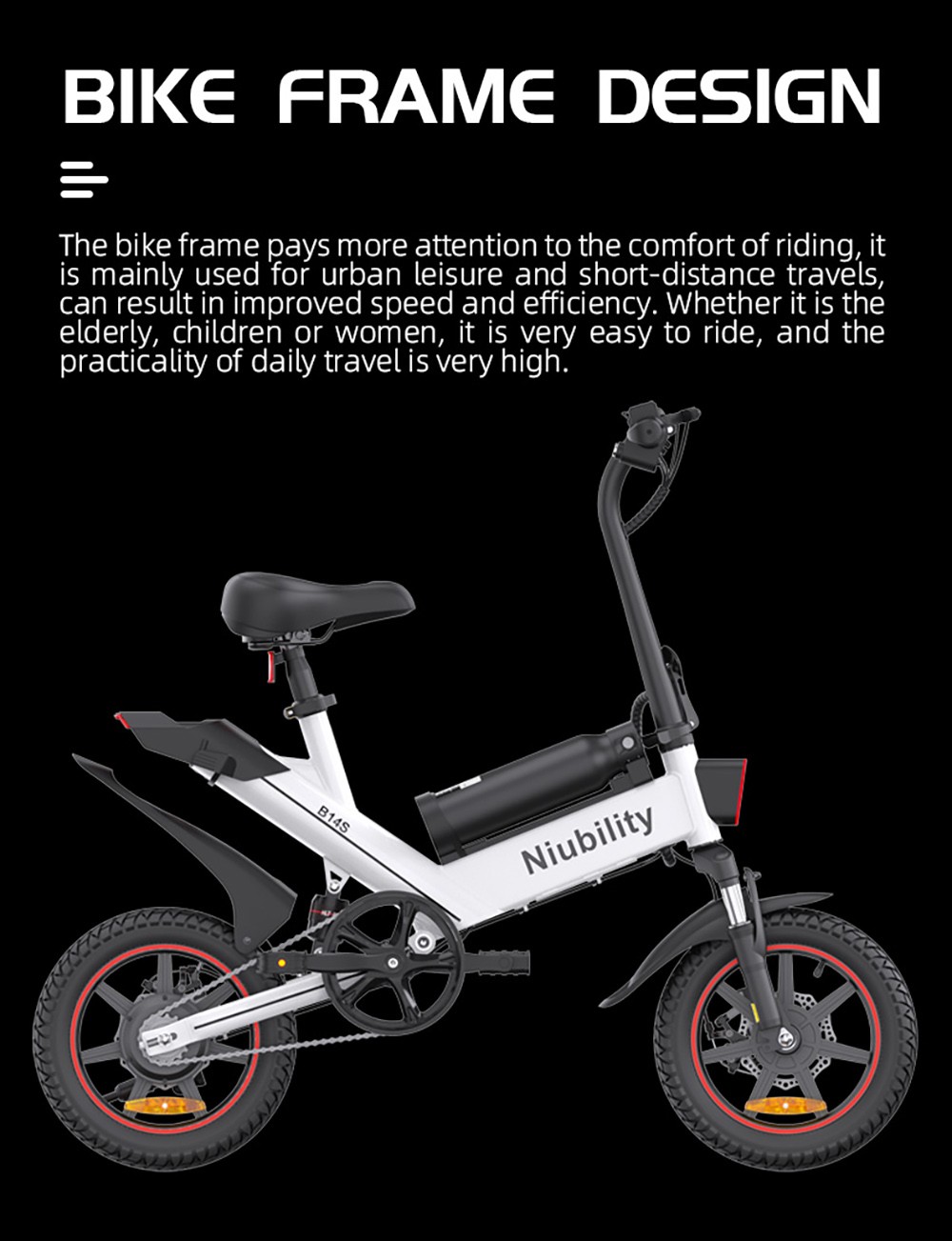 NIUBILITY B14S Electric Bike 14*2.125 inch Tire 48V 400W Motor 32km/h Max Speed 8.7Ah + 6.4Ah Dvojitá batéria Dvojitá kotúčová brzda - čierna