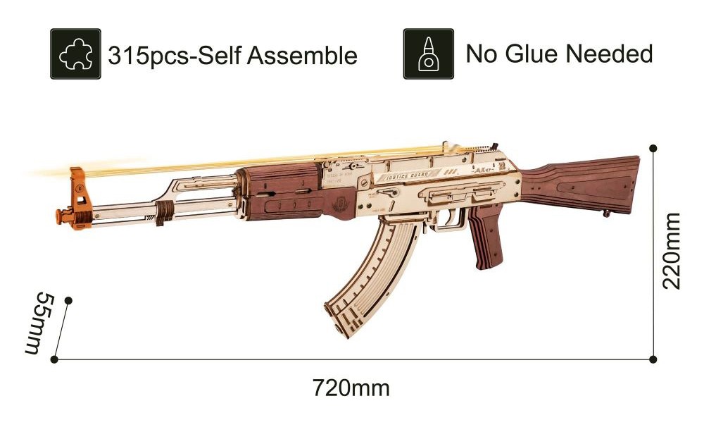 ROKR Assault Rifle AK-47 Wooden Puzzle Kit, Double Firing Model, 315Pcs