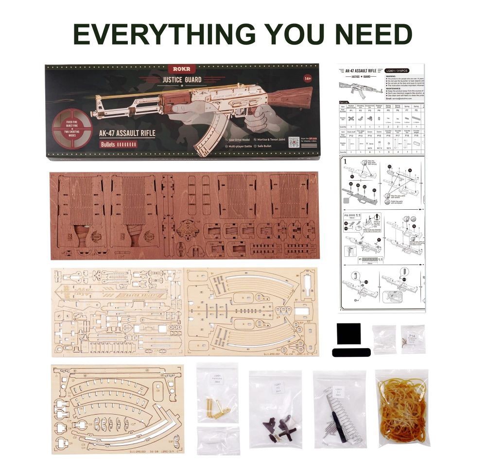 ROKR Assault Rifle AK-47 Wooden Puzzle Kit, Double Firing Model, 315Pcs