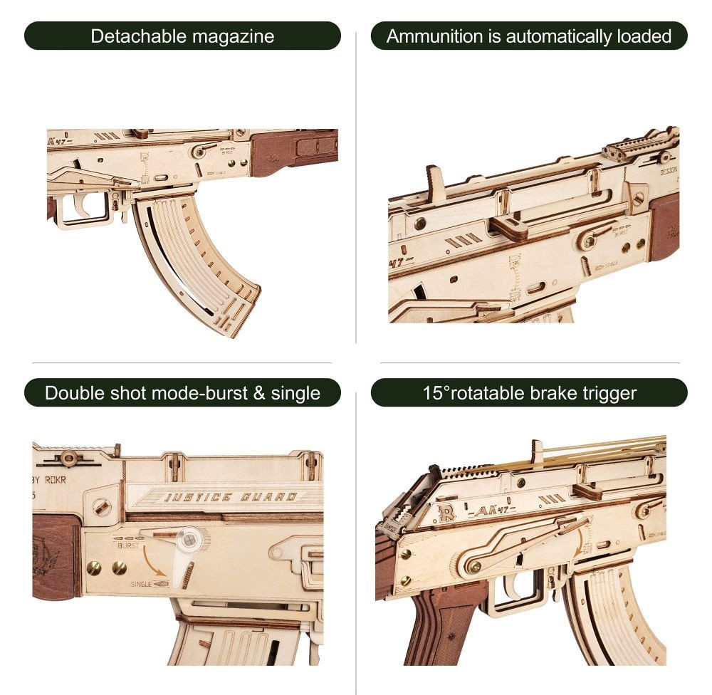 ROKR Assault Rifle AK-47 Wooden Puzzle Kit, Double Firing Model, 315Pcs