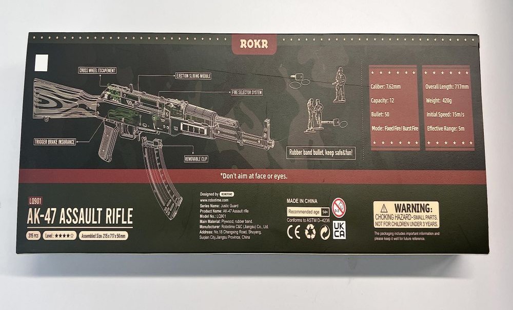 ROKR Assault Rifle AK-47 Wooden Puzzle Kit, Double Firing Model, 315Pcs