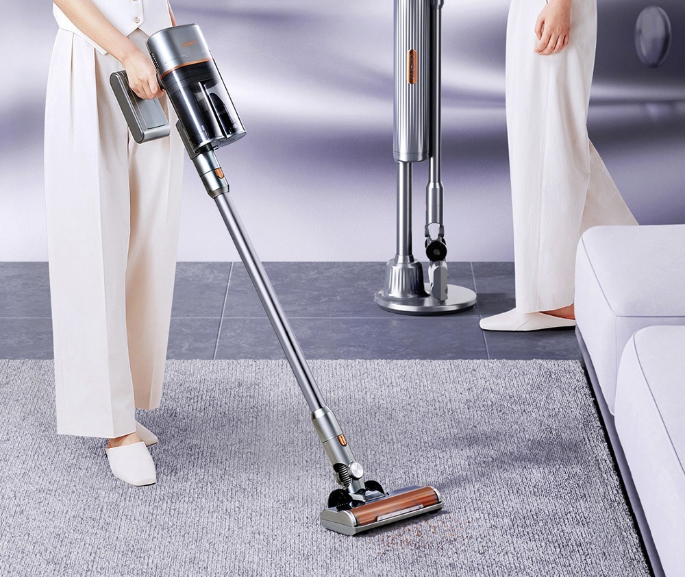 Uwant V100 Cordless Vacuum Cleaner with 4 in-1 All-round Base Station 200AW Suction Auto Power Adjust Double Dust Cup 4 Cleaning Modes Anti-Winding 2500mAh Battery 72 Mins Runtime LED Display - Grey