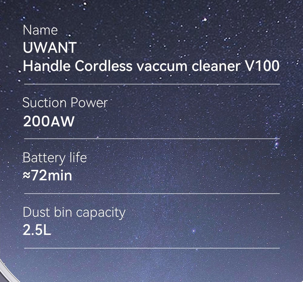 Uwant V100 Cordless Vacuum Cleaner with 4 in-1 All-round Base Station 200AW Suction Auto Power Adjust Double Dust Cup 4 Cleaning Modes Anti-Winding 2500mAh Battery 72 Mins Runtime LED Display - Grey
