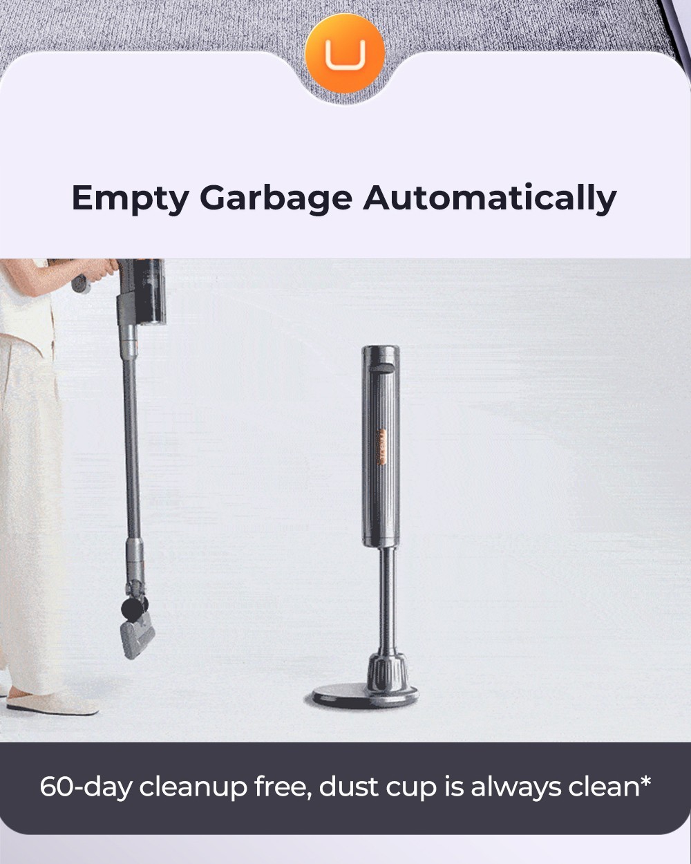 Uwant V100 Cordless Vacuum Cleaner with 4 in-1 All-round Base Station 200AW Suction Auto Power Adjust Double Dust Cup 4 Cleaning Modes Anti-Winding 2500mAh Battery 72 Mins Runtime LED Display - Grey