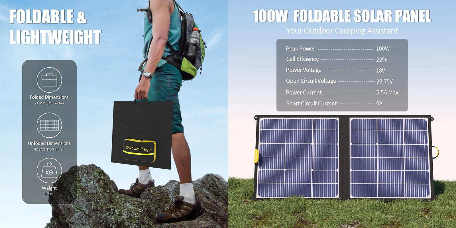 VTOMAN 100W skladací solárny panel, 22% účinnosť premeny, vodotesný IP65, nastaviteľné podstavce