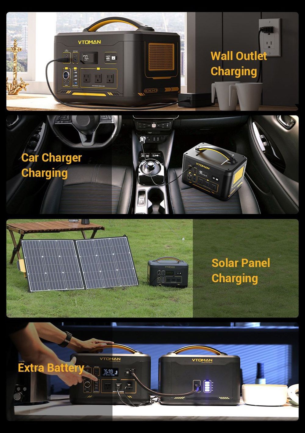 VTOMAN JUMP 1000 Portable Power Station, 1408Wh LiFePO4 Solar Generator, 1000W AC Output, Expandable to 2956Wh, 12V Jump Starter, LED Flashlight, 12 Ports