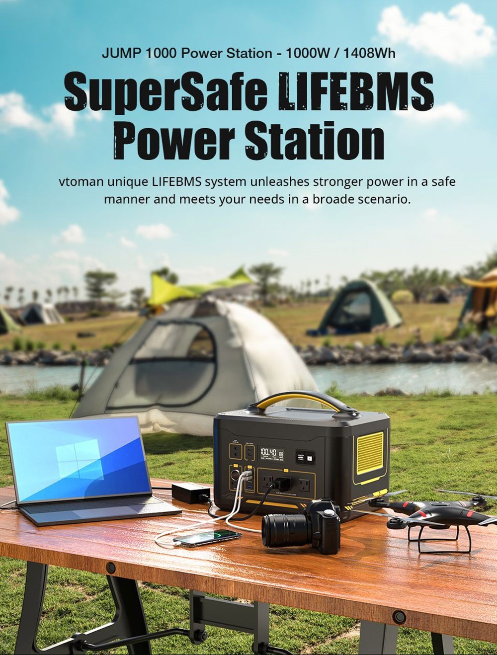 VTOMAN JUMP 1000 Portable Power Station, 1408Wh LiFePO4 Solar Generator, 1000W AC Output, Expandable to 2956Wh, 12V Jump Starter, LED Flashlight, 12 Ports