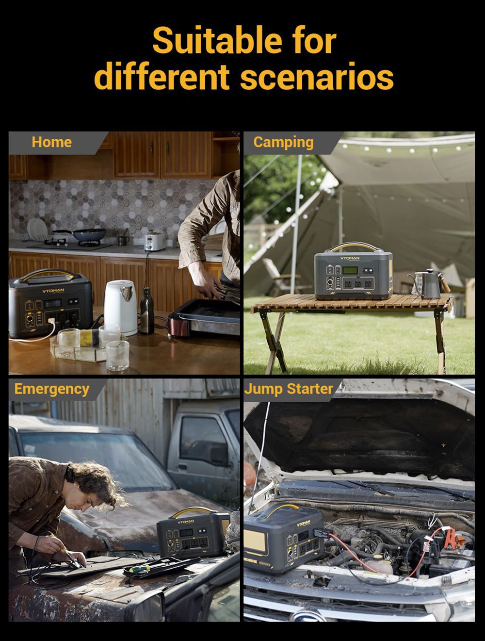 VTOMAN JUMP 1000 Portable Power Station, 1408Wh LiFePO4 Solar Generator, 1000W AC Output, Expandable to 2956Wh, 12V Jump Starter, LED Flashlight, 12 Ports