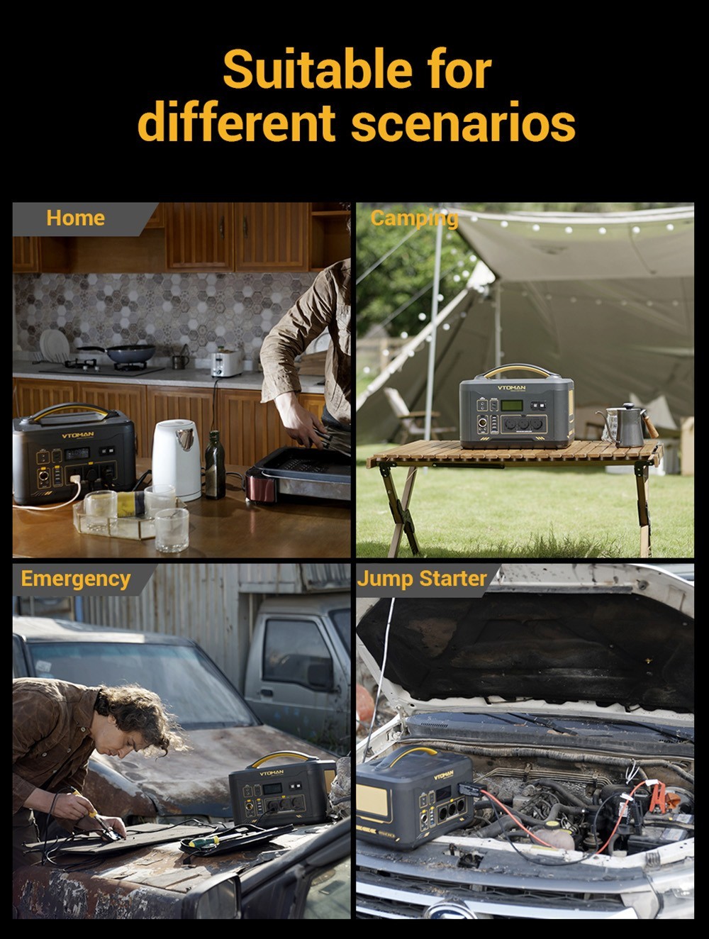 VTOMAN JUMP 1000 Portable Power Station, 1408Wh LiFePO4 Solar Generator, 1000W AC Output, Expandable to 2956Wh, 12V Jump Starter, LED Flashlight, 12 Ports