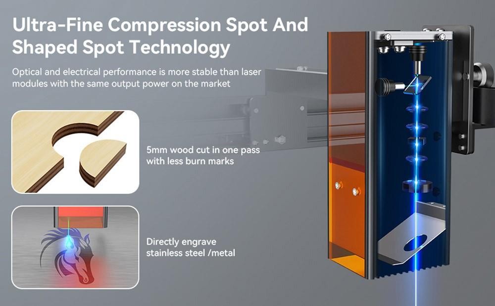 WAINLUX JL7 laserová gravírovačka, výkon lasera 5 W, kľučka s pevným zaostrením, stlačený bod 0,05*0,08 mm, 0.01mm presnosť gravírovania, rýchlosť gravírovania 6000mm/min, ovládanie aplikácie, 400*400mm