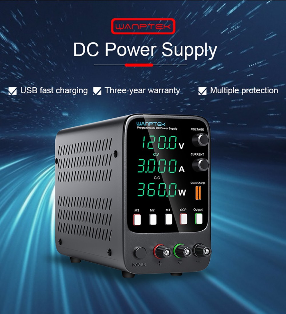 WANPTEK APS1203H Programmable Regulated DC Power Supply, 120V 3A, Storage Memory Function, Encoder Adjustment, USB Fast Charge, 4-Digit Display, Low Ripple, Cooling Fan - US Plug