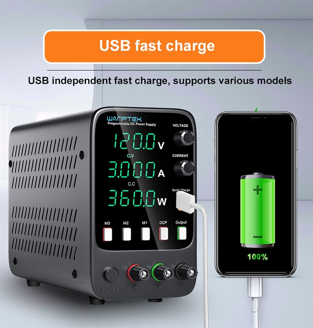 WANPTEK APS1203H Programmable Regulated DC Power Supply, 120V 3A, Storage Memory Function, Encoder Adjustment, USB Fast Charge, 4-Digit Display, Low Ripple, Cooling Fan - US Plug