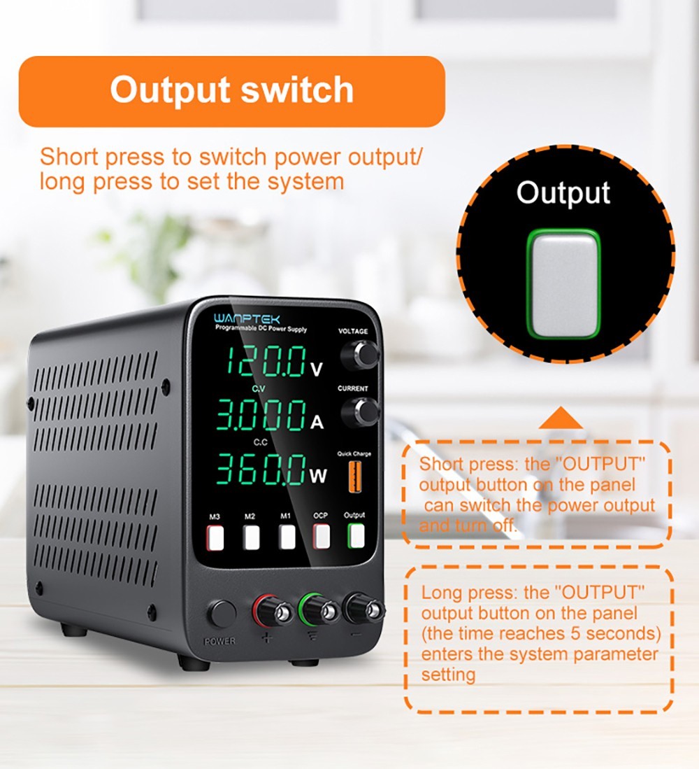WANPTEK APS1203H Programmable Regulated DC Power Supply, 120V 3A, Storage Memory Function, Encoder Adjustment, USB Fast Charge, 4-Digit Display, Low Ripple, Cooling Fan - US Plug