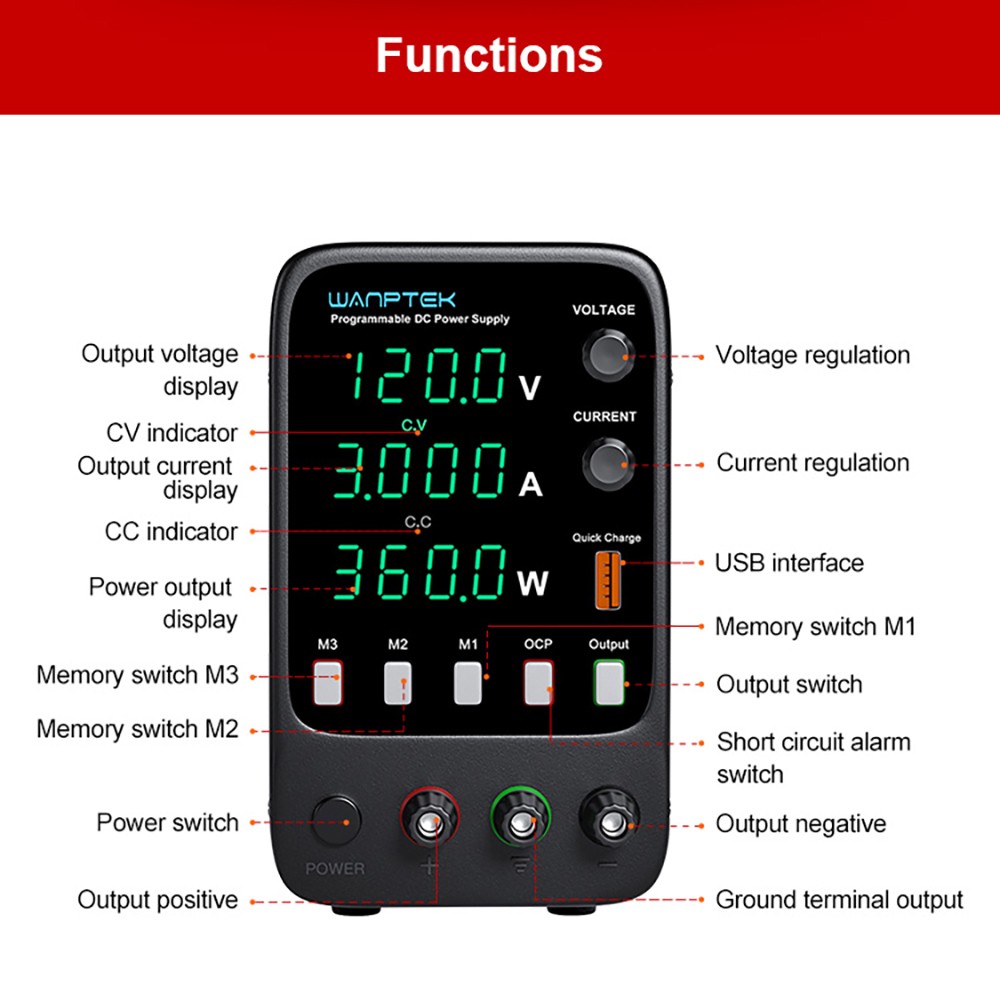 WANPTEK APS1203H Programmable Regulated DC Power Supply, 120V 3A, Storage Memory Function, Encoder Adjustment, USB Fast Charge, 4-Digit Display, Low Ripple, Cooling Fan - US Plug