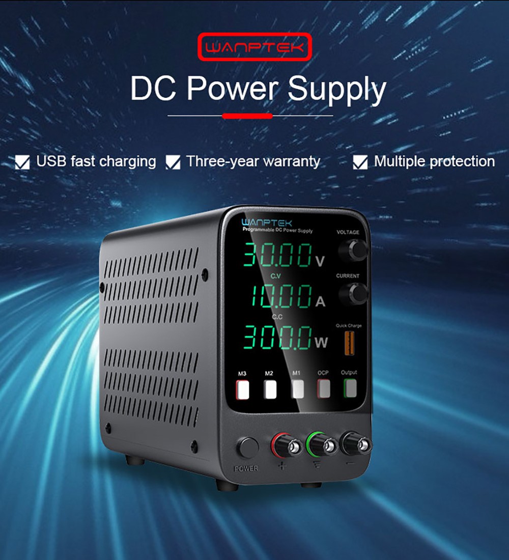 WANPTEK APS3010H Programmable Regulated DC Power Supply, 30V 10A, Storage Memory Function, Encoder Adjustment, USB Fast Charge, 4-Digit Display, Low Ripple, Cooling Fan - UK Plug