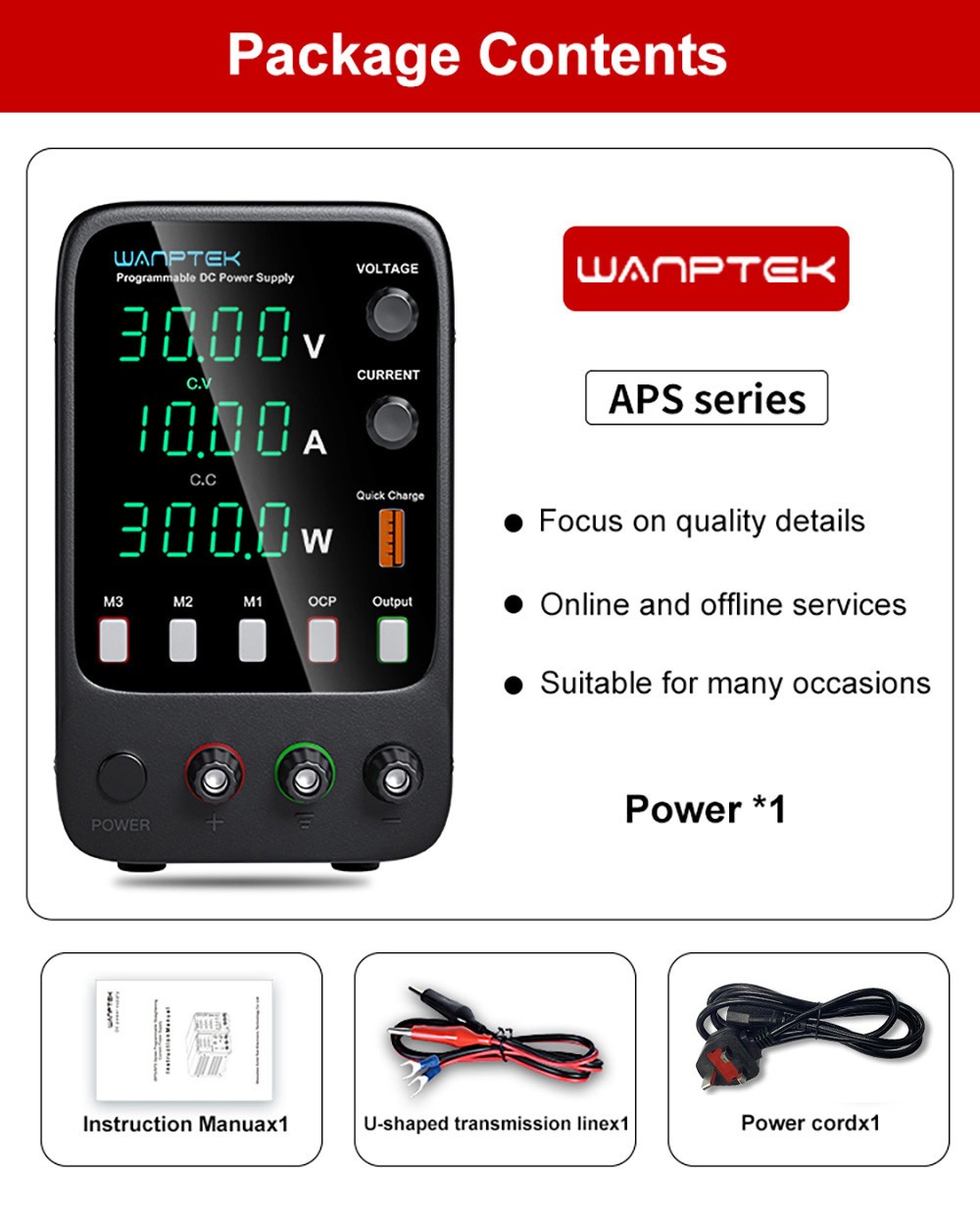 WANPTEK APS3010H Programmable Regulated DC Power Supply, 30V 10A, Storage Memory Function, Encoder Adjustment, USB Fast Charge, 4-Digit Display, Low Ripple, Cooling Fan - UK Plug