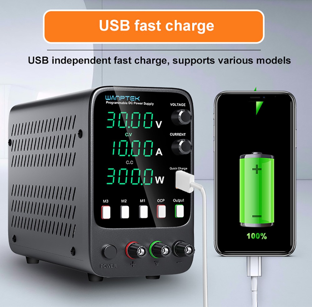 WANPTEK APS3010H Programmable Regulated DC Power Supply, 30V 10A, Storage Memory Function, Encoder Adjustment, USB Fast Charge, 4-Digit Display, Low Ripple, Cooling Fan - UK Plug