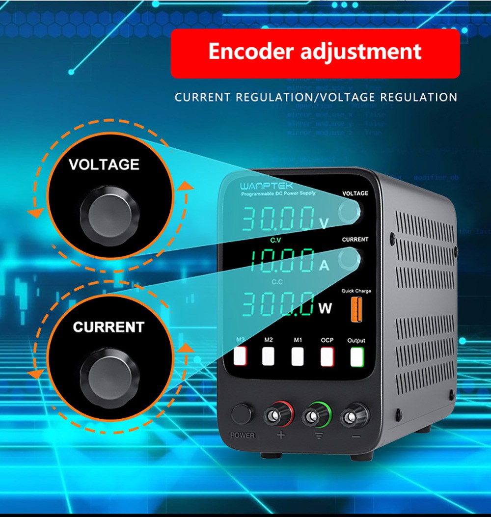 WANPTEK APS3010H Programmable Regulated DC Power Supply, 30V 10A, Storage Memory Function, Encoder Adjustment, USB Fast Charge, 4-Digit Display, Low Ripple, Cooling Fan - UK Plug