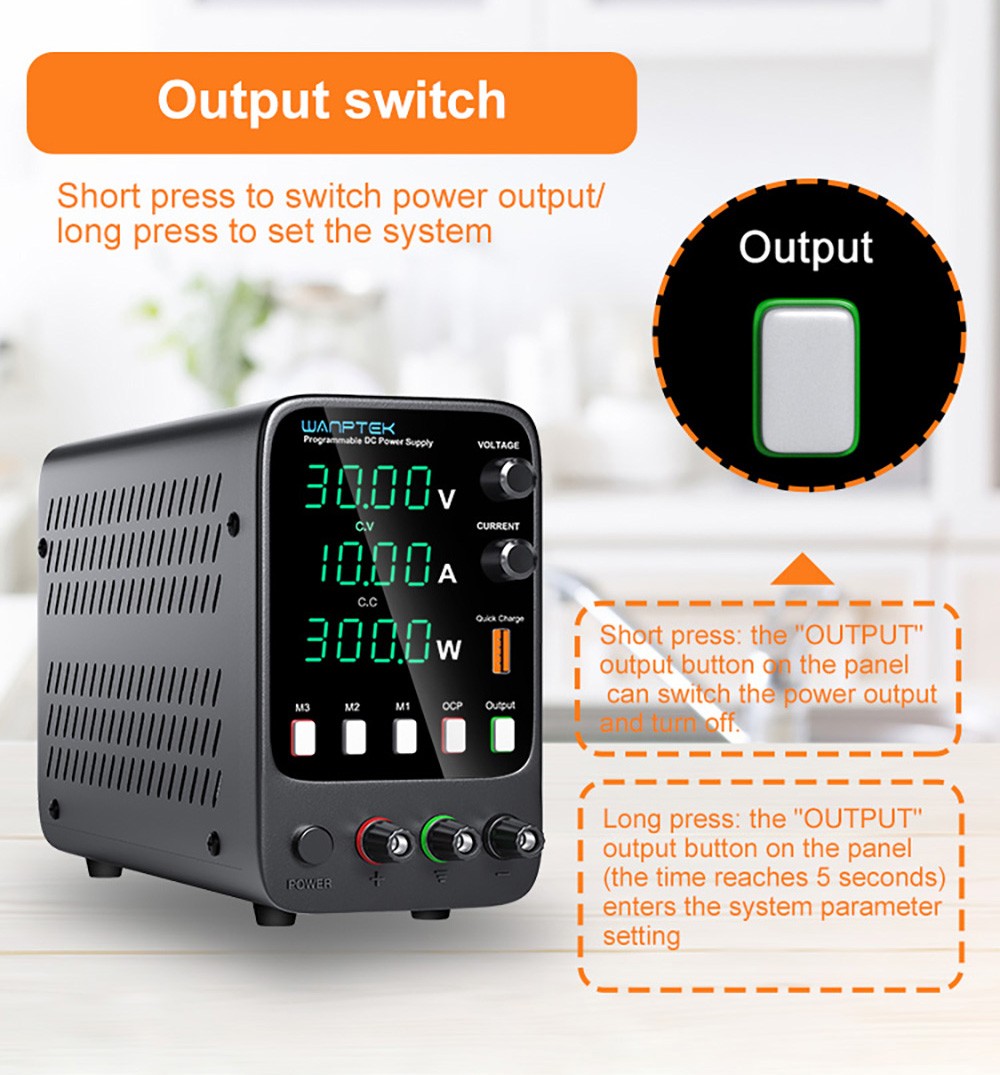 WANPTEK APS3010H Programmable Regulated DC Power Supply, 30V 10A, Storage Memory Function, Encoder Adjustment, USB Fast Charge, 4-Digit Display, Low Ripple, Cooling Fan - UK Plug