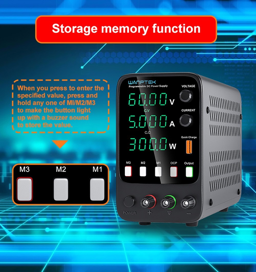 WANPTEK APS605H Programmable Regulated DC Power Supply, 60V 5A, Storage Memory Function, Encoder Adjustment, USB Fast Charge, 4-Digit Display, Low Ripple, Cooling Fan - EU Plug