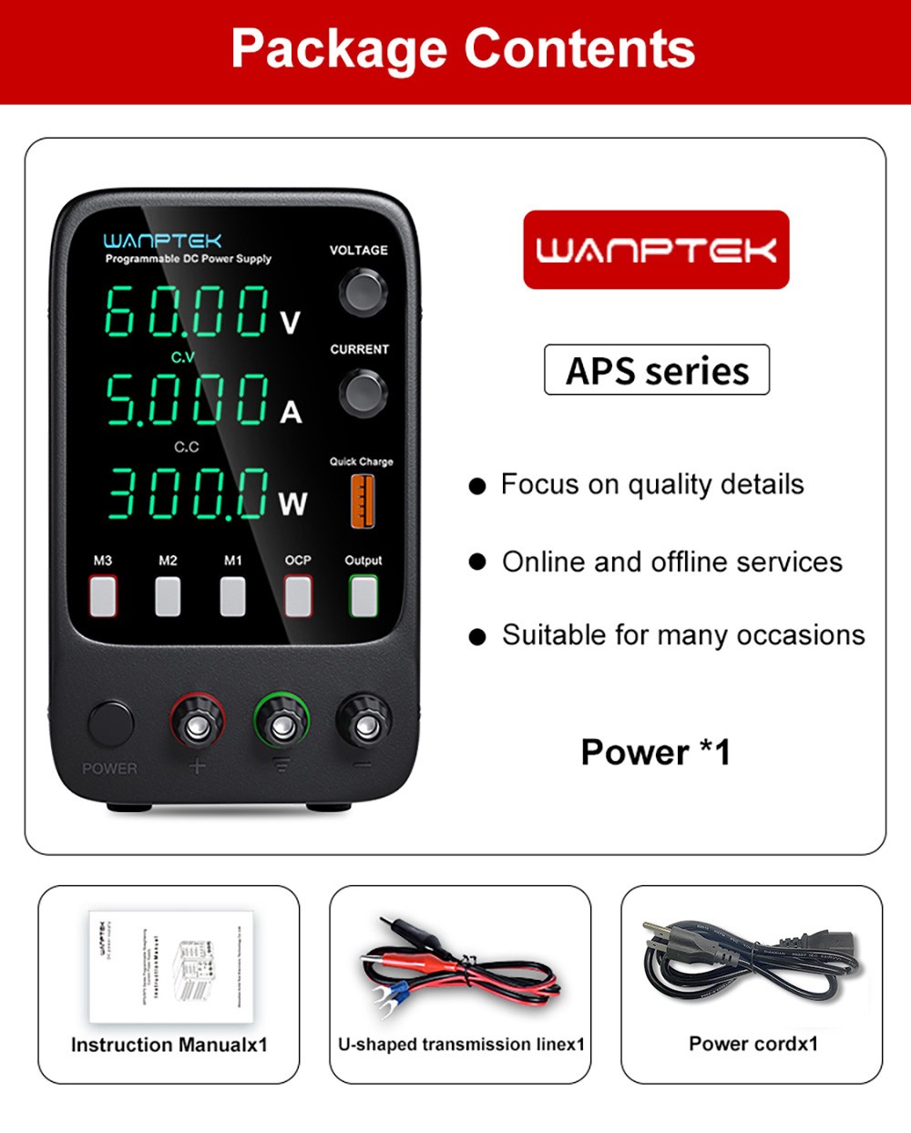 WANPTEK APS605H Programmable Regulated DC Power Supply, 60V 5A, Storage Memory Function, Encoder Adjustment, USB Fast Charge, 4-Digit Display, Low Ripple, Cooling Fan - US Plug