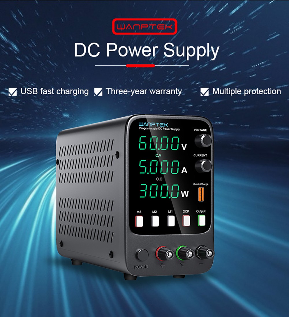 WANPTEK APS605H Programmable Regulated DC Power Supply, 60V 5A, Storage Memory Function, Encoder Adjustment, USB Fast Charge, 4-Digit Display, Low Ripple, Cooling Fan - UK Plug
