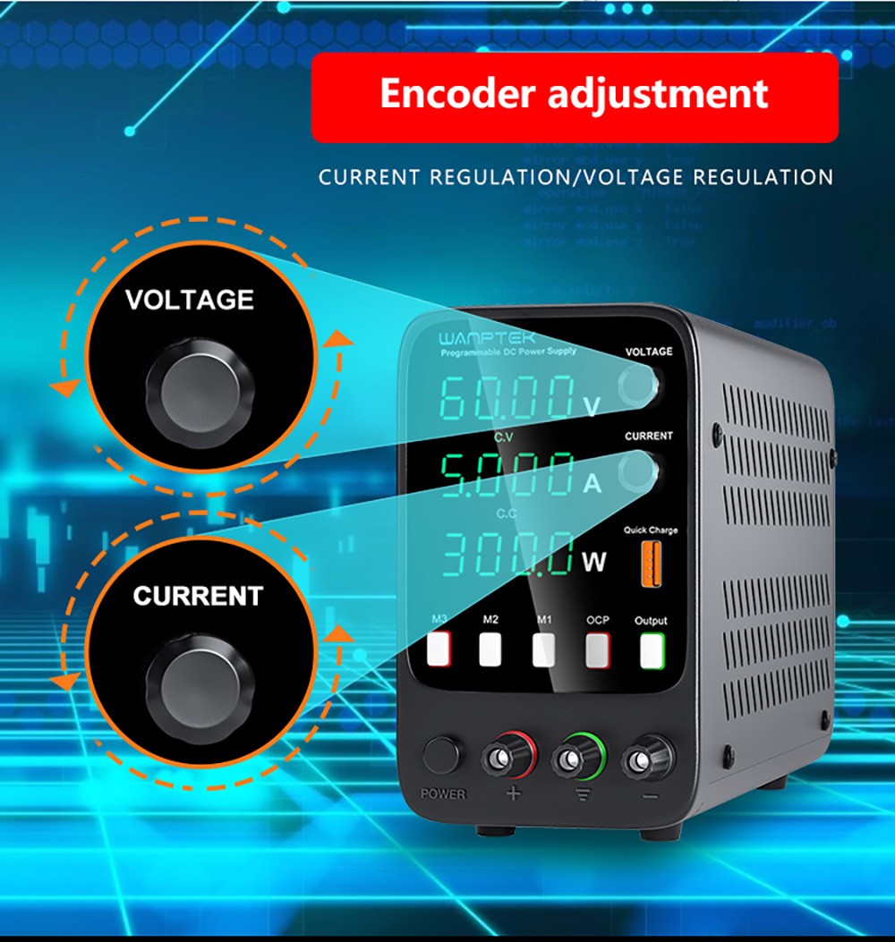 WANPTEK APS605H Programmable Regulated DC Power Supply, 60V 5A, Storage Memory Function, Encoder Adjustment, USB Fast Charge, 4-Digit Display, Low Ripple, Cooling Fan - UK Plug