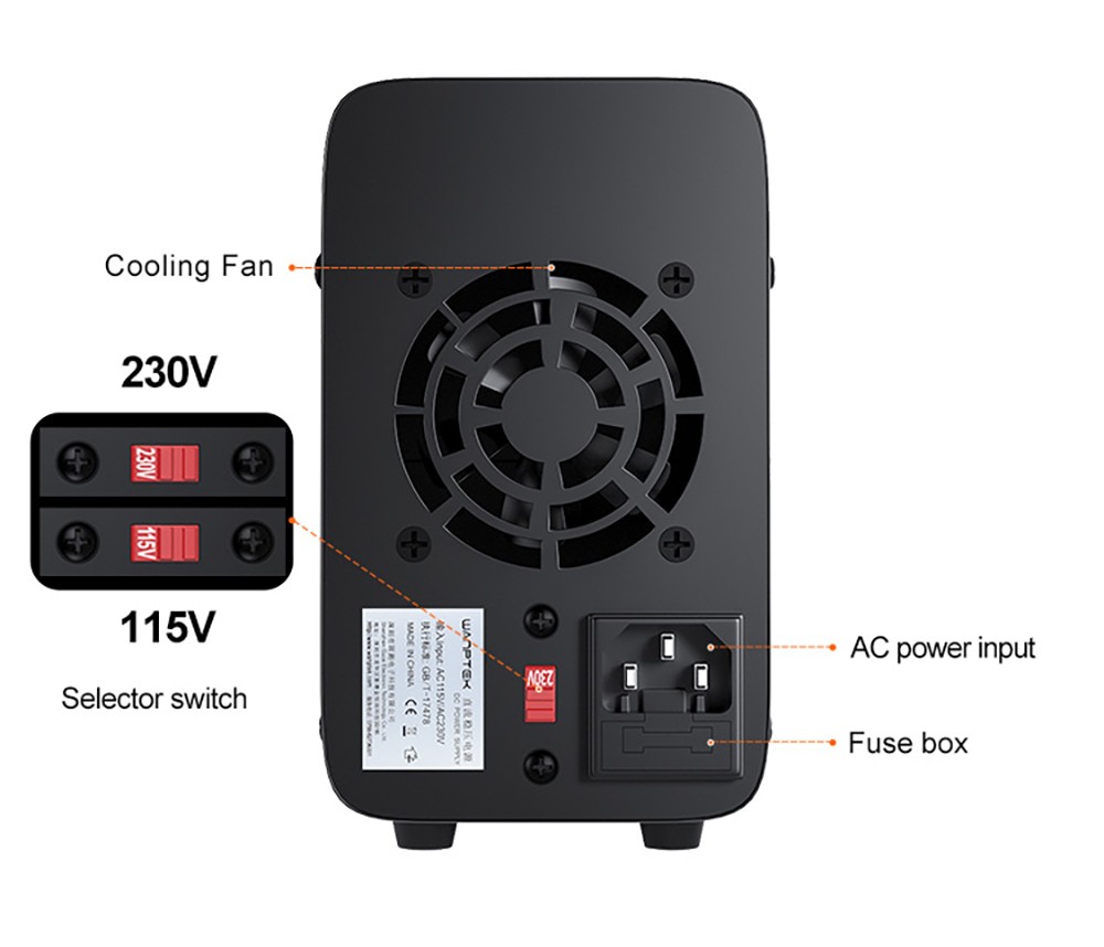 WANPTEK APS605H Programmable Regulated DC Power Supply, 60V 5A, Storage Memory Function, Encoder Adjustment, USB Fast Charge, 4-Digit Display, Low Ripple, Cooling Fan - UK Plug