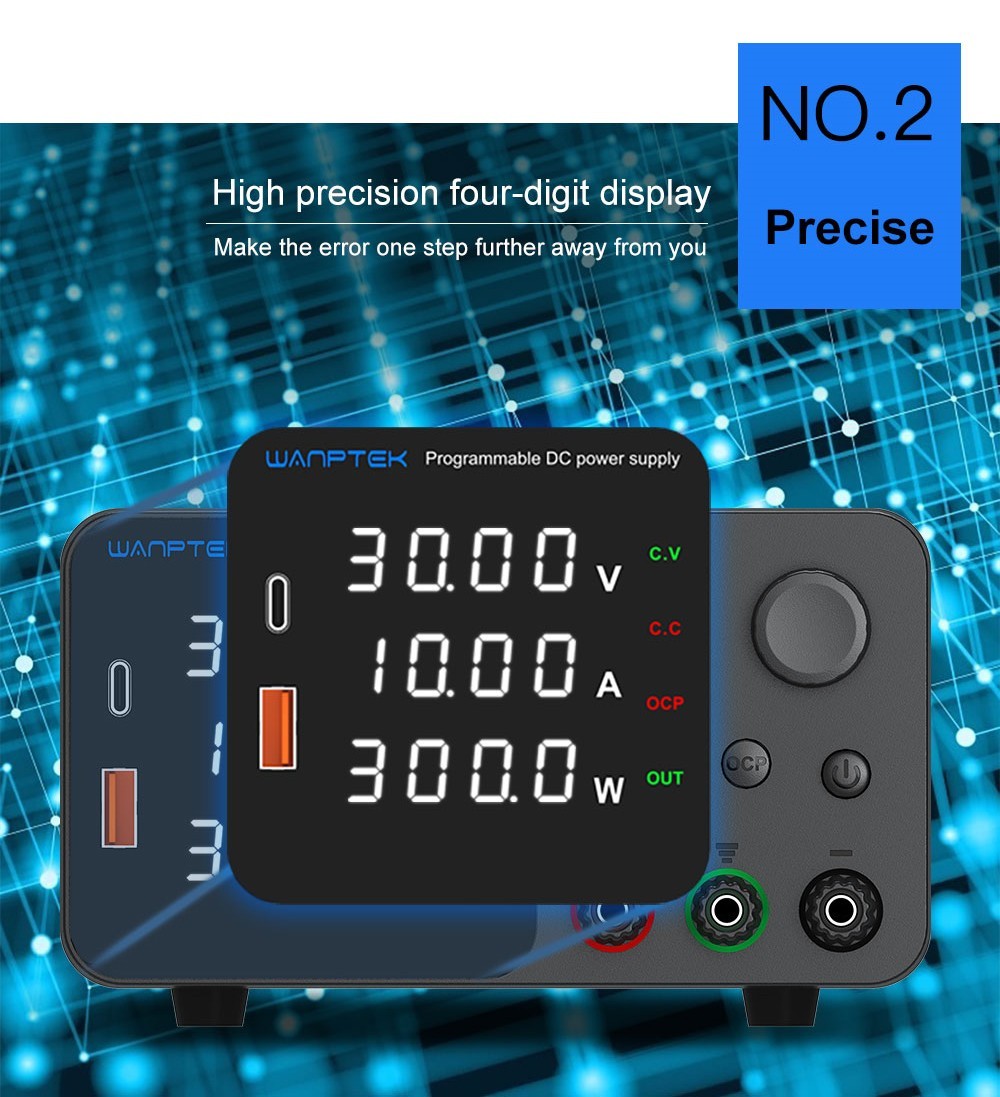 WANPTEK TPS3010 Adjustable Regulated DC Power Supply, 30V 10A, Encoder Adjustment, USB Type-C Fast Charge, 4-Digit Display, Low Noise, A/V Switching, Cooling Fan Black - EU Plug
