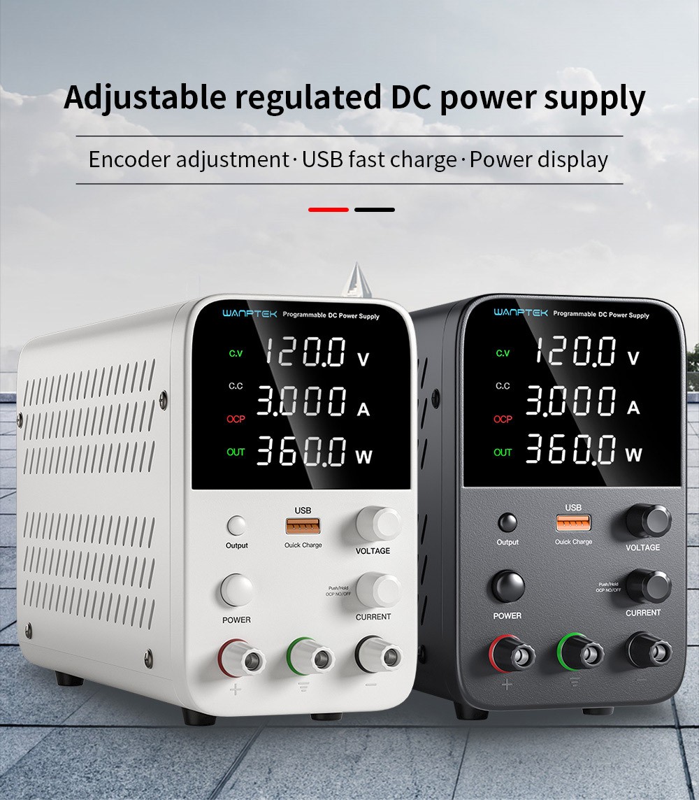 WANPTEK WPS1203 Programmable Regulated DC Power Supply, 120V 3A, Encoder Adjustment, USB Fast Charge, Intelligent Temperature Control, 4-Digit Display, Low Ripple, Low Noise White - UK Plug