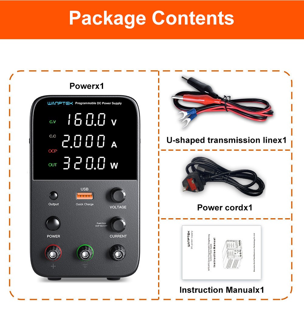 WANPTEK WPS1602 Programmable Regulated DC Power Supply, 160V 2A, Encoder Adjustment, USB Fast Charge, Intelligent Temperature Control, 4-Digit Display, Low Ripple, Low Noise Black - UK Plug