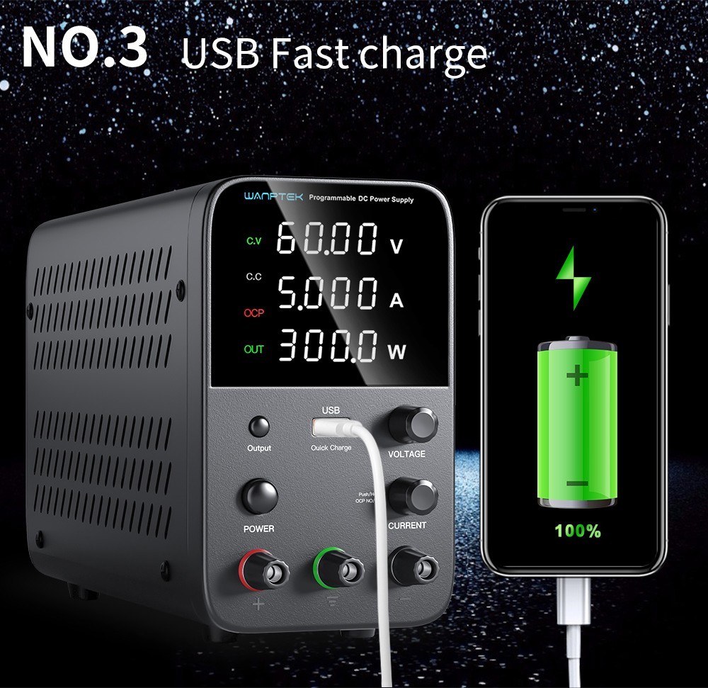 WANPTEK WPS605 Programmable Regulated DC Power Supply, 60V 5A, Encoder Adjustment, USB Fast Charge, Intelligent Temperature Control, 4-Digit Display, Low Ripple, Low Noise Black - EU Plug