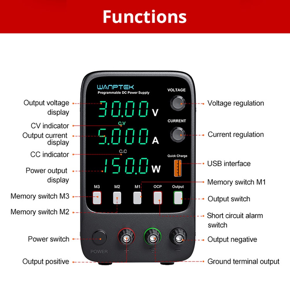 Wanptek APS305H Programmable Regulated DC Power Supply, 30V 5A, Storage Memory Function, Encoder Adjustment, USB Fast Charge, 4-Digit Display, Low Ripple, Cooling Fan Black - UK Plug