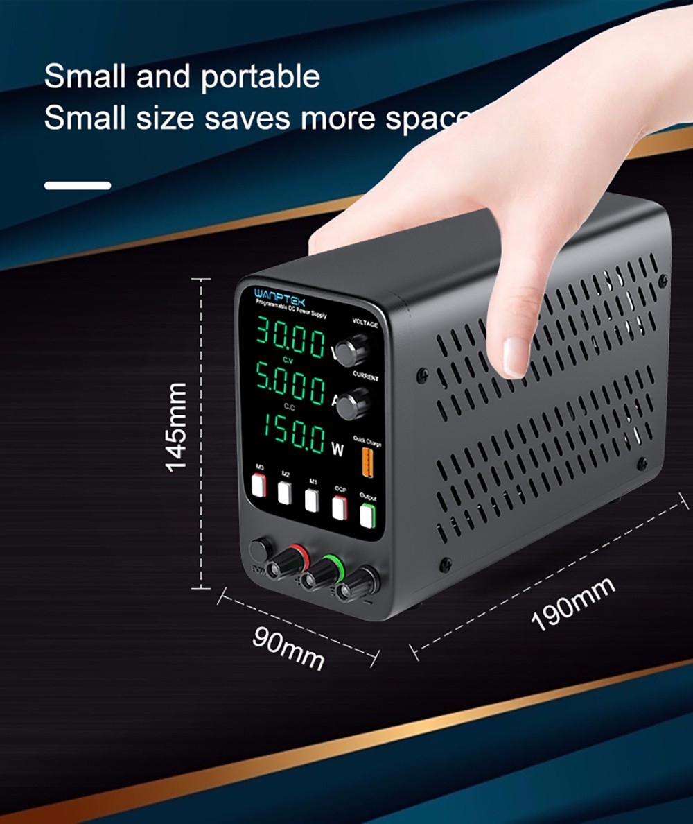 Wanptek APS305H Programmable Regulated DC Power Supply, 30V 5A, Storage Memory Function, Encoder Adjustment, USB Fast Charge, 4-Digit Display, Low Ripple, Cooling Fan Black - UK Plug